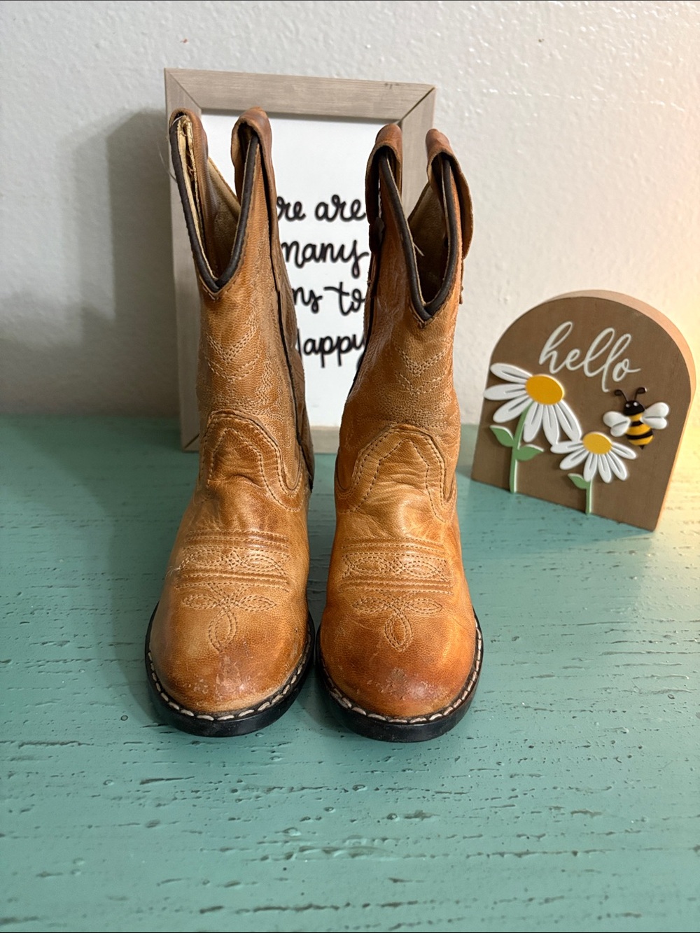 Kids Tan Western Pull-On Boots - Classic Stitch Detail